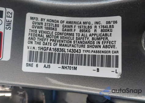 2006 Honda Civic Ex from USA, damaged, VIN 1HGFA16836L143043